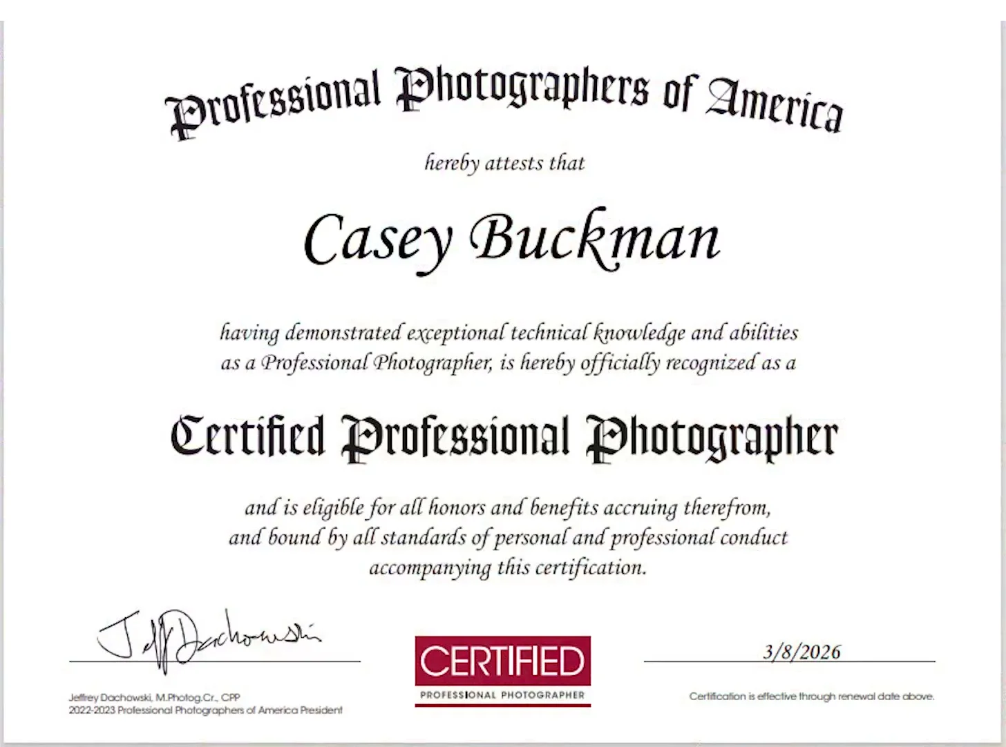 Professional Photographers of America — Certified Professional Photographer certificate for Casey Buckman